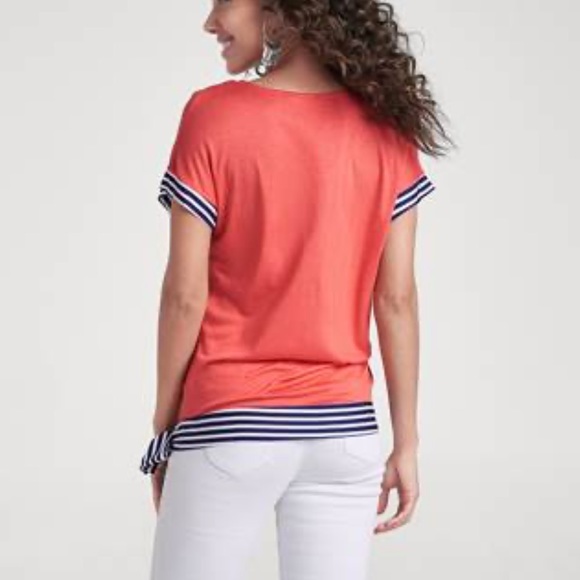 Venus Small Coral with Blue & White Stripe Side Tie Short Sleeve Shirt - Picture 7 of 13
